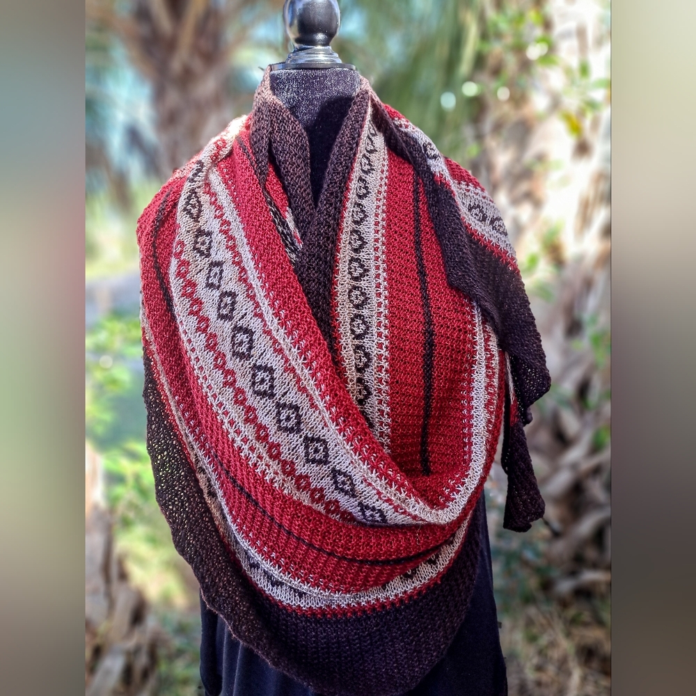 Hand Knitted Shawl One of a Kind Elegant Red Beige Coffee Brown Merino Wool